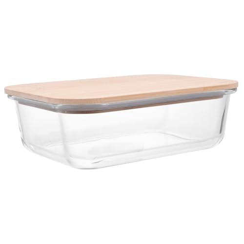 FRCOLOR 箱 箱 竹 木 蓋付き ガラス ボウル 冷蔵庫 食品 保管 容器 弁当 ランチ 箱 食事 下ごしらえ シール 食品 容器 電子レンジ 食品 容器 お弁当 おやつ 箱 透明