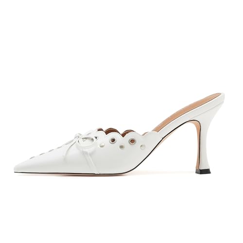 Image of Kitten Heel Mules for Women Bow Tie Suede Stiletto Heels Mule Pointed Toe Studs Slide Heeled Sandal Pumps for Wedding Dress Party