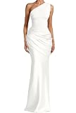 Memoriesea Women's Sexy One Shoulder Asymmetrical Pleated Formal Evening Gown Maxi Dress White