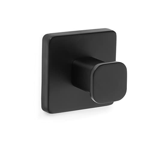 TATAY Colgador de baño, de la colección de accesorios de baño NERO, Acero Inoxidable y Zamak, Doble Sistema de fijación con Tornillos y Glu fix, Hasta 10Kg, Colgador Negro. Medidas 6 x 4,6 x 6 cm