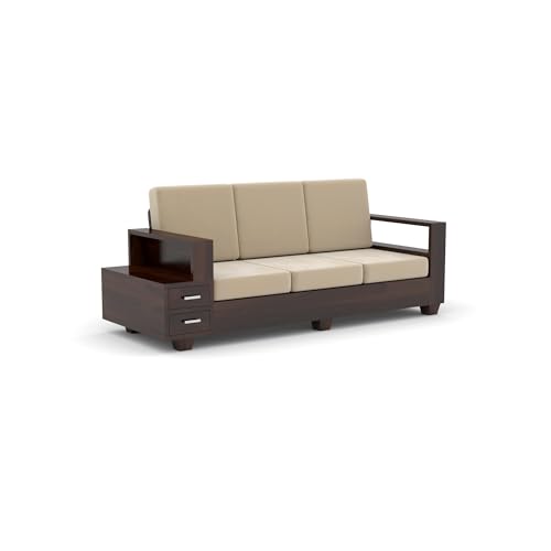 Image of Sheesham Wooden 3 Seater Sofa for Living Room | Solid Wood Sofa with Side Box Storage & Cushion | Rosewood Sofa Set for Home & Office | Lounge (Walnut, 3 Seater)