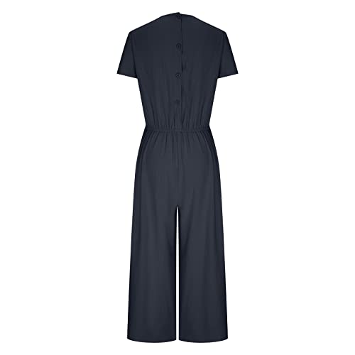Women Cotton Linen Jumpsuit, Ladies Solid Color Dungarees Elastic High Waist Romper Straight Leg Bib Overalls Short Sleeve Playsuit with Belt Bodysuit, Summer Breathable Jumpsuits Plus Size - Image 5