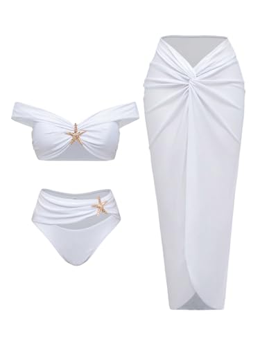 SOLY HUX Women's Off The Shoulder Bikini Swimsuits High Waisted Bathing Suit with Long Cover Up Skirt 3 Piece