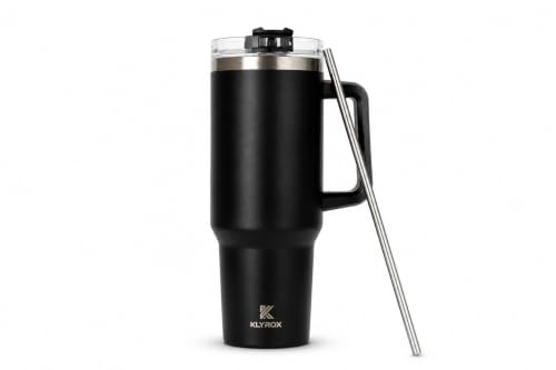 Image of 1200ml Stainless Steel Tumbler with Handle and Straw | Leak Proof Travel Mug | BPA Free Reusable Drinking Cup for Office, Travel, Gym & Car (Black) | Large Water Tumbler Bottle, Leak Resistant Sipper Cup, Reusable Travel Tumbler, BPA Free Lid