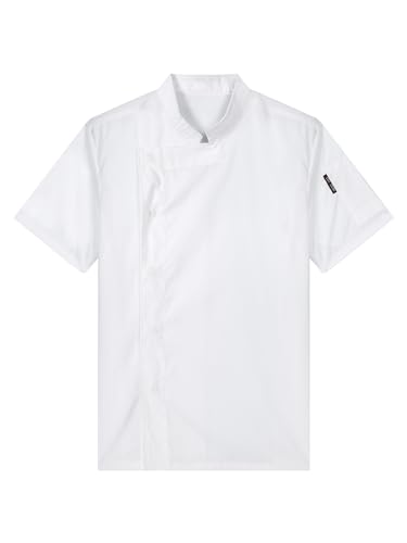 Linjinx Men's Unisex Short Sleeve Chef Jacket Stand Collar Chef Shirts Coat Press Buttons Uniform Whie Medium
