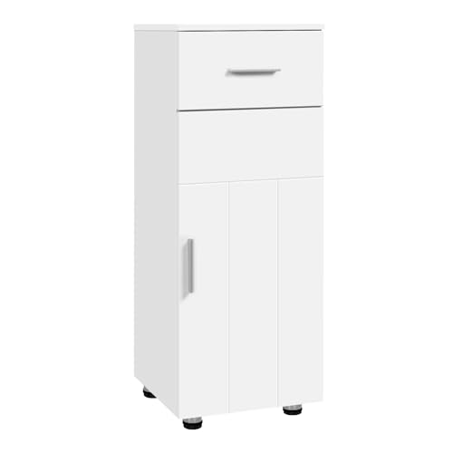 EUGAD Mobiletto da Bagno Salvaspazio a Colonna, Armadietto in Legno, Mobile da Bagno a Terra, con Cassetto, Anta e Ripiano Regolabile, Bianco