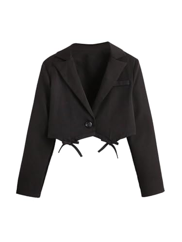 OYOANGLE Girl's Blazer Jacket Bow Lapel Long Sleeve Button Front Dressy Cropped Suit Coat Black 9Y