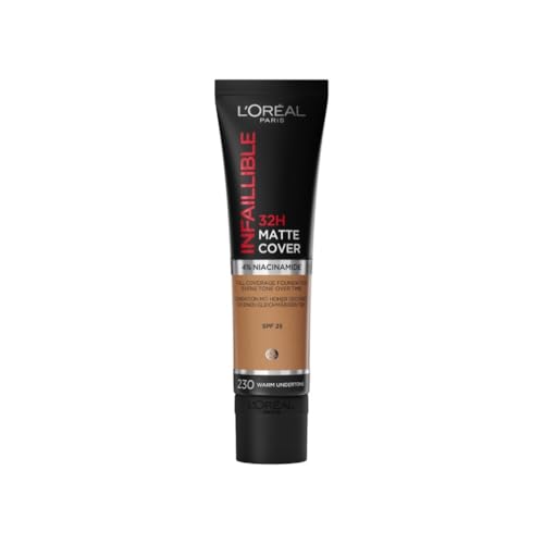 L'Oreal Paris Cover Liquid Foundation, With 4% Niacinamide, Long Lasting, Natural Finish, Available in 20 Shades, SPF 25, Infallible 32H Matte Cover, Shade 230, 30ml