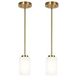 Youroke 2 Pack Indoor Pendant Light Fixtures, Gold Finish Kitchen Island Hanging Lights Adjustable Ceiling Lamp, Mini Pendant Lights with White Frosted Glass Shade for House Bedroom Hallway
