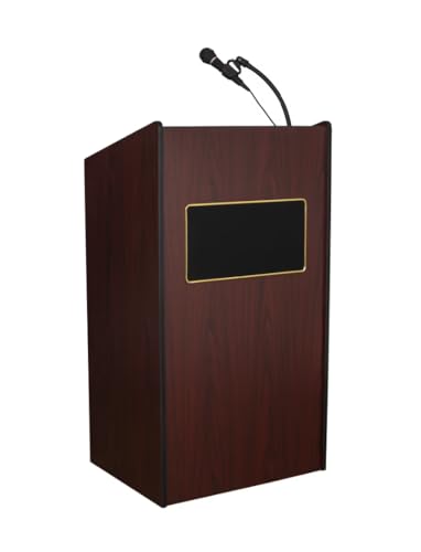 Image of OEF Furnishings OEF6010-MY Core Sound Podium Aristocrat Floor-Standing Sound Lectern with 50-Watt Amplifier and Two Speakers (Mahogany)