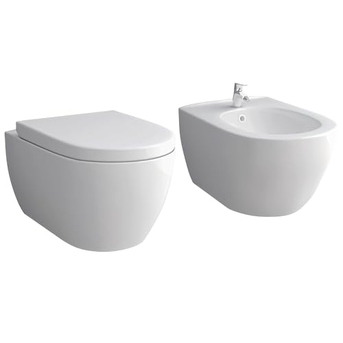 Alpenberger Hänge WC & Bidet | Badezimmer Set | Kloschüssel mit WC Sitz mit Absenkautomatik | Bidet für Intimdusche mit Hahnloch und Überlaufschutz | WC Spülrandlos | Passend Geberit