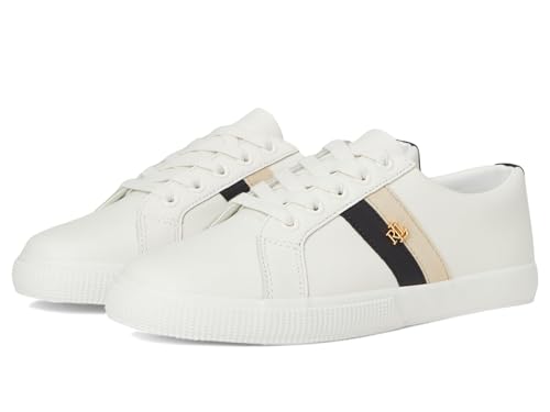 Lauren Ralph Lauren, Women, Janson II Color-Blocked Leather Sneakers, Snow White/Black/Sand Dune, 8.5, Medium