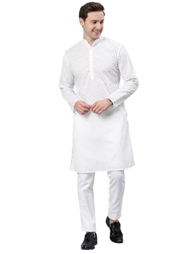 Image of Majestic Man Men's Cotton Blend Regular Fit Casual Polyester Mandarin Collar Ethnic Motifs Embroidered Long Regular Kurta