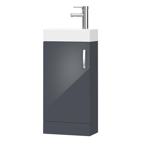 BELOFAY 400mm Floor Standing Bathroom Vanity Unit With Basin - Slim Waterproof Laquered Cloakroom Vanity Unit with 1 Tap Hole Ceramic Basin & Waste | Reversible Tap Fitting (New York Grey)