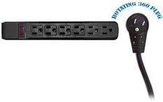 QUALCONNECT Surge Protector, Flat Rotating Plug, 6 Outlet, Black Horizontal Outlets, Plastic, Power Cord 15 ft