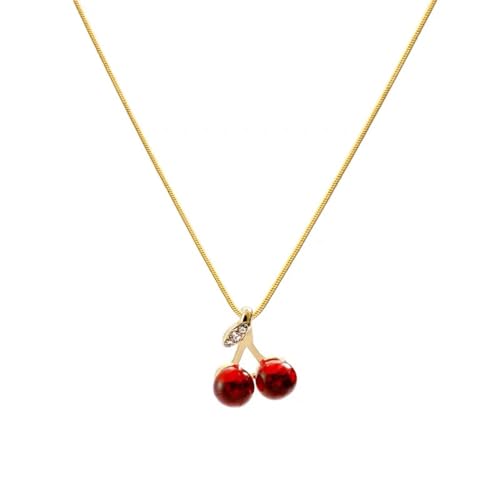 Image of Dainty Cherry Pendant Choker Necklace for Women Gold Plated Small Cute Fashion Fruits Cherry Necklaces CZ Creative Cartoon Drop Pendant Snake Chain Adjustable Necklace Hypoallergenic Jewelry Gifts