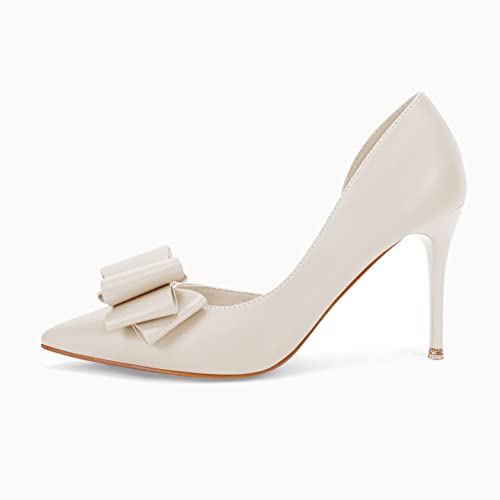 Image of Womens Bow Heels Closed Pointed Toe Dress Shoes Stiletto Slip on Wedding Pumps