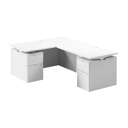 Image of Bush Business Furniture 60-inch Height Adjustable L Shaped Standing Desk with Drawers, Ergonomic Sit-Stand Computer Table for Office, Stratus Collection, White with White Base