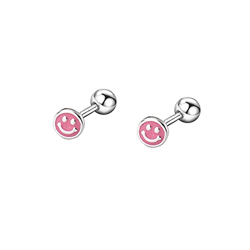Smiley Face Stud Earring 925 Sterling Silver Fun Disc Happy Face Studs Earring Screw Back Helix Tragus Ball Labret Cartilage Stud Post Trendy Summer Jewelry Gift for Women Girls Sensitive Ears (Pink)