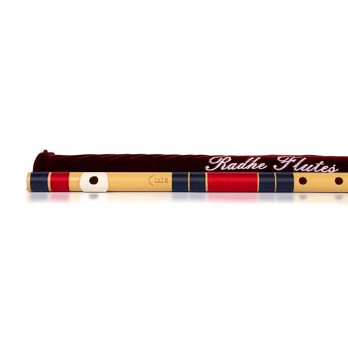 Image of Radhe Flutes | E Natural Right Handed Base Bansuri | Tuned With Tanpura A=440Hz | PVC Flute + Velvet Cover + Hindi & English Flute Lessons | PERENT (Beige Flute With Dark Blue & Red Threads)