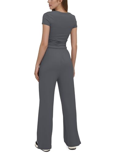 SotRong Summer 2 Piece Outfits Women Lounge Wear Sets Ruched Short Sleeve Crop Tops and High Elastic Waisted Wide Straight Leg Pants Tracksuit Activewear Casual Leisure Wear Sets - Image 6