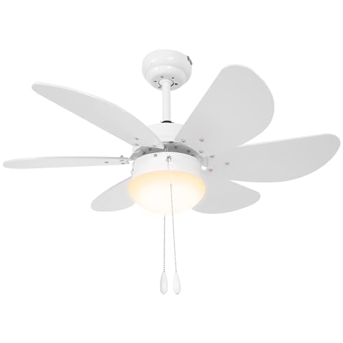 HOMCOM Ceiling Fan with Light, 76cm Flush Mount LED Ceiling Fan Light with 6 Reversible Blades, Pull-chain Switch, for Bedroom Living Room, White