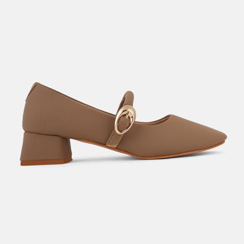 Image of DROP BOLD Khaki Square Toe Mary Jane Block Heel Show For Women & Girls