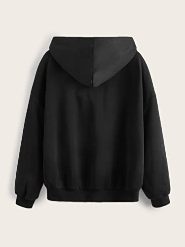 Milumia Girl's Cute Heart Print Pocket Front Hoodie Drop Shoulder Long Sleeve Casual Pullovers Sweatshirts Black 12-13 Years #TOP1