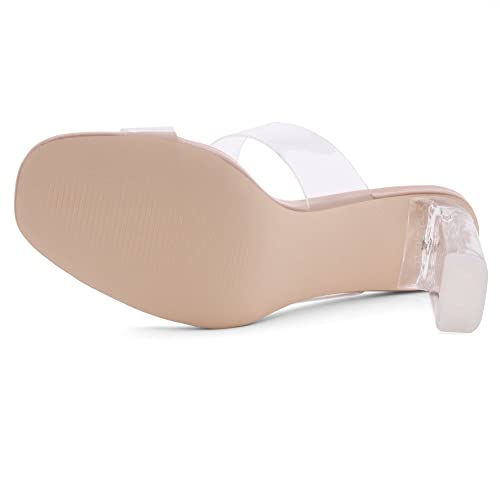 Shoe Land Brienna Women's Clear Block Heeled Slides Transparent Strap Dress High Heel Sandals Clearnude 8.0 #TOP4
