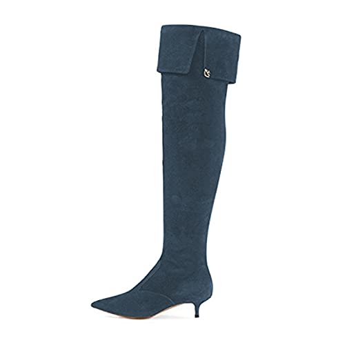 YDN Women Pointed Toe Over The Knee High Stilettos Kitten Mid Heel Wide Calf Zipper Dress Shoes2