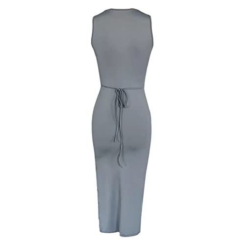 Zspzx Casual Dresses For Women 2023 High Waist Slit Side Sexy Cut Out V Neck Sleeveless Bodycon Temperament Midi Dresses #TOP4