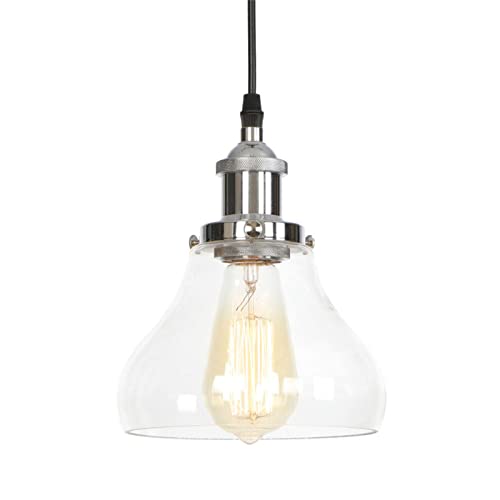 Luces colgantes decorativas sobre isla de cocina en estilo americano antiguo de metal y vidrio