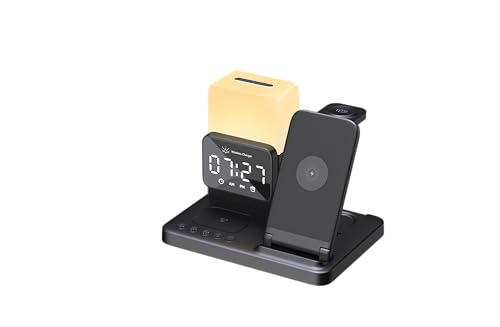 M.A.D LAB - Estación de carga de Apple y reloj despertador con lámpara nocturna, cargador inalámbrico diseñado para AirPods, AirPods Pro 2 y Apple Watch y compatible con Qi para iPhone y cargador de