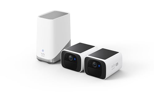 eufy security S220 SoloCam Solar Security Camera Outdoor Wireless, Continuous Power, 2K Resolution Home Security Camera, 2.4 GHz Wi-Fi, No Monthly Fee, HomeBase 3 Compatible (2 Cam+HomeBase)