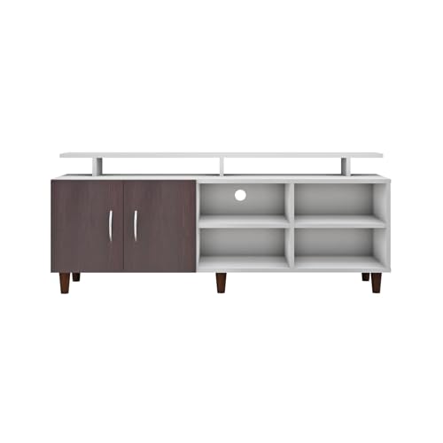 Image of VIKI Modern TV Unit for Living Room | Engineered Wood TV Cabinet with 2 Door Storage, 2 Open Shelves & Extension, Entertainment Unit, 140W x 48H x 40D cm | DIY | 1 Year Warranty (White & Wenge)