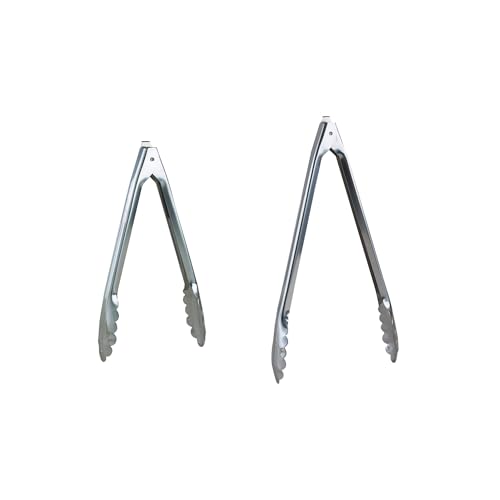 HIC Harold Import Co. Spring Locking Food Tongs for Kitchen and Barbecue, Scalloped Gripping Edge, Stainless Steel, Set of 2, 10-Inch and 12-Inch
