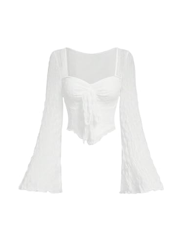 SOLY HUX Women's Long Bell Sleeve Tops Mesh Sweetheart Neck Going Out Crop Top Casual Asymmetrical T Shirts Tees Pure White L