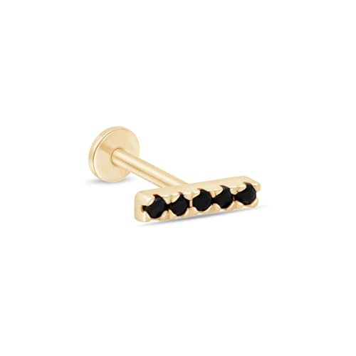 14K Solid Gold Mini Bar Stud Earring Black Onyx Dainty Flat Back Cartilage Earring Threaded Upper Earlobe Conch Tragus Helix Piercing Jewelry for Sensitive Ear Nose Ring Minimalist SINGLE STUD or PAIR