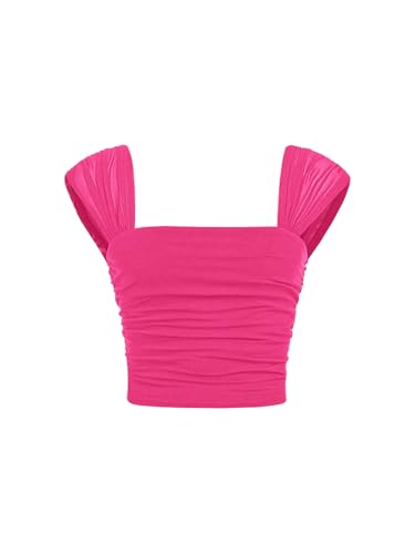 OYOANGLE Girl's Square Neck Ruched Crop Tank Top Slim Fitted Wide Strap Sleeveless Tops