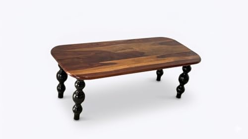 Image of Sheesham Wood Coffee Table for Living Room | Low Height Rectangular Center Unit with Rounded Edge Top | Traditional Wooden Tea Furniture with Turned Legs | Compact Classic Home Piece | Light Brown