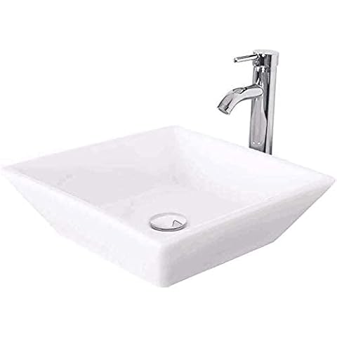 Goodyo Square Ceramic Basin White Vessel Sink for Bathroom Vanity,16"X16" Beveled Porcelain Sink w/Faucet&Pop Up Drain Cover