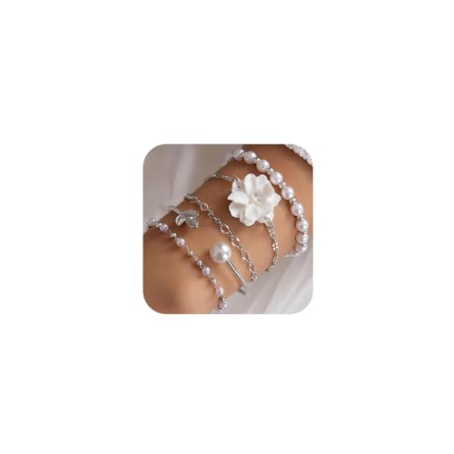 5Pcs Boho White Flower Beaded Pearl Bracelets for Women Trendy, Cute Gold Silver Stackable Floral Petal Pearls Beads Chain Bracelet Holiday Jewelry Gifts