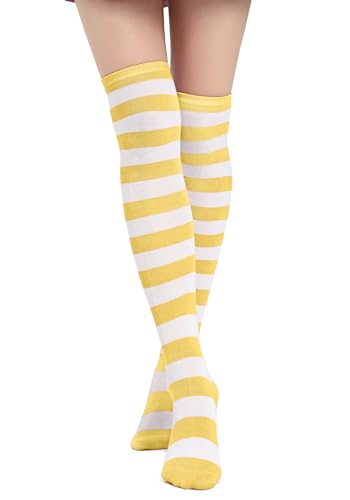 DAZCOS Striped Thigh High Socks Elastic Over The Knee Knit Stockings for Daily or Anime Cosplay (Yellow+White)