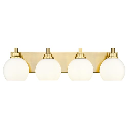 Image of Bathroom Light Fixtures, 4 Light Brushed Gold Vanity Light, 26 Inch Modern Wall Sconces with Globe Milk White Glass Shade, Vanity Lighting Fixtures Over Mirror, VL195-BG-ML-4