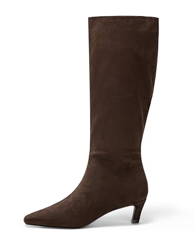 Coutgo Womens Knee High Boots Square Toe Kitten Heel Tall Boots Side Zipper Dressy Fall Shoes, Chocolate Suede, Size 8.5