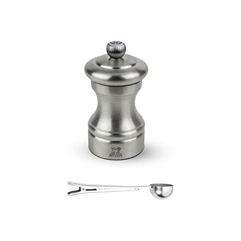 Peugeot Bistro Chef Manual Salt Mill Gift Set Stainless Steel 10 cm - 4in - With Stainless Steel Spice Scoop/Bag Clip Cover