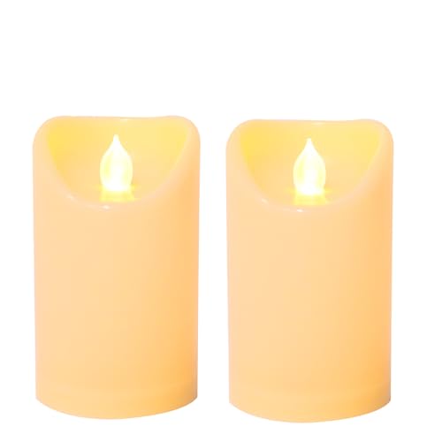 Image of CANDLE CHOICE Outdoor Battery Operated Flameless Candles with Remote Timer Waterproof Flickering Plastic Electric LED Pillar Lights for Lantern Patio Garden Wedding Party Decorations 3x5 Inches 2 Pack