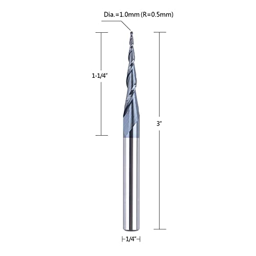 SpeTool Tapered Spiral End Mill Ball Nose 0.5mm Radius 1/4'' Shank CNC Router Bits Solid Tungsten Carbide 2-Flute TiAlN Coated Milling Cutter for 2D and 3D Engraving Carving Woodworking