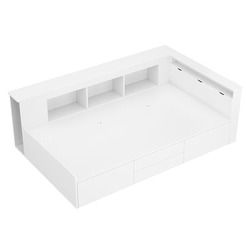 Aoskem Einzelbett Kinderbett Bett 90x200 Bett mit Stauraum Schubladen & Stauschrank & Bücherregal, Holzbett Stauraumbett Bettgestell Bettkasten, Flachbett Jugendbett Funktionsbett, Ohne Matratze, Weiß