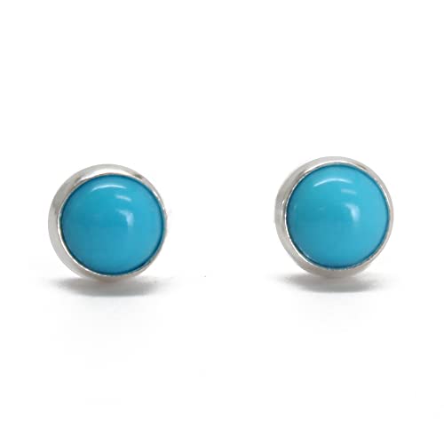 Kathy Bankston Handmade Blue Turquoise Gemstone Stud Earrings for Women and Girls, 4mm Round Bezel 925 Sterling Silver